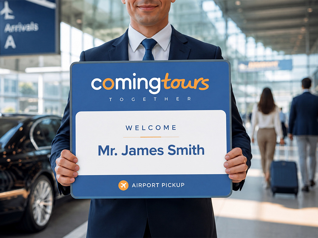 Coming Tours airport pickup sign