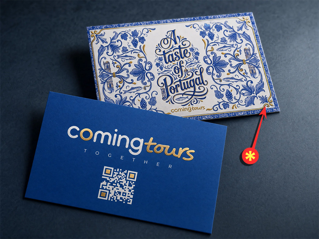 Coming Tours business card — front and back with 3D gold foil finish