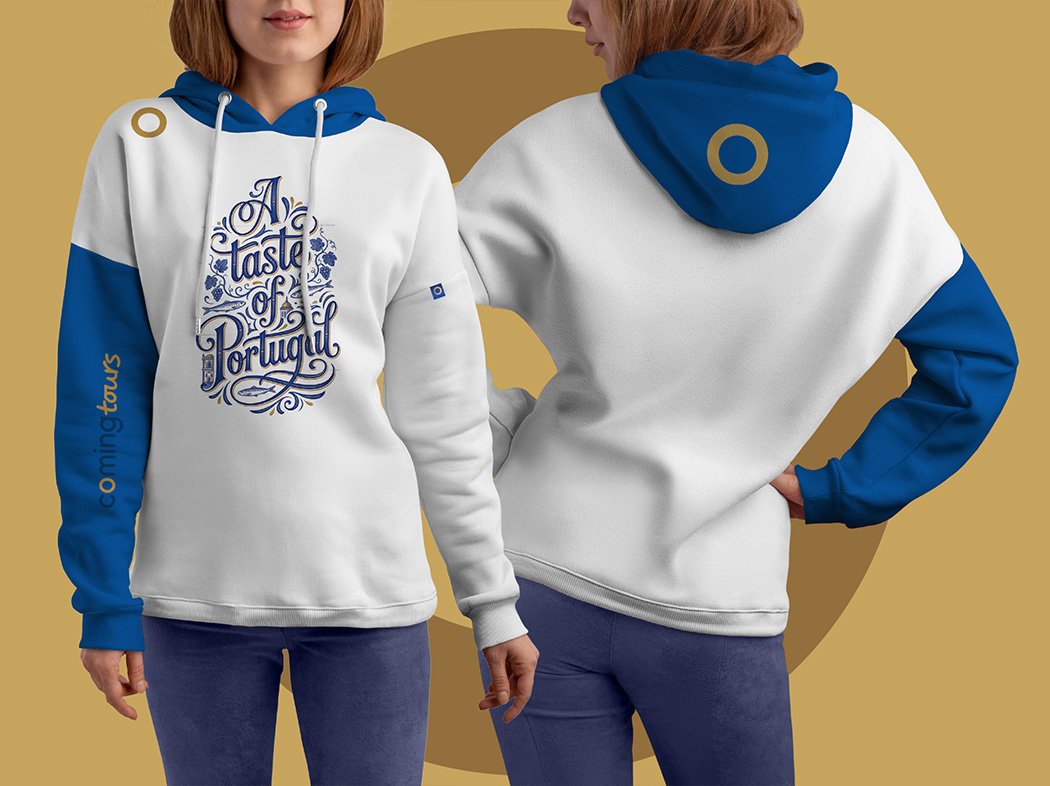 Custom white Coming Tours hoodie with blue hood and A Taste of Portugal artwork