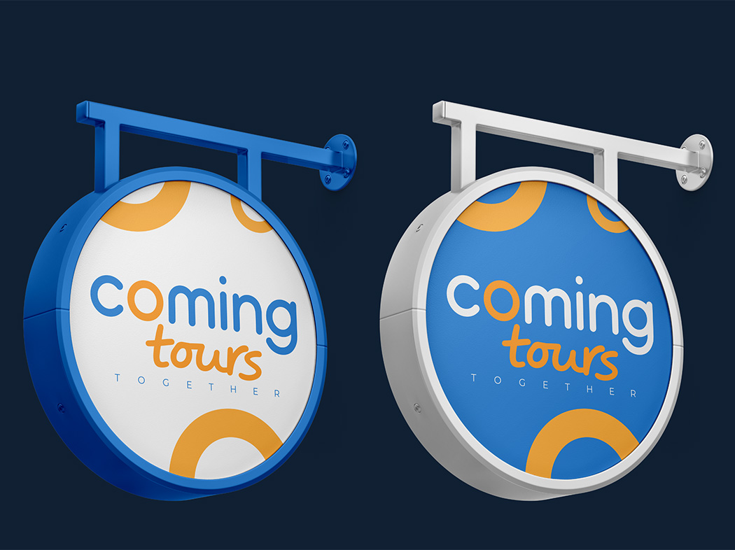 Double-sided circular outdoor sign with blue or white structure
