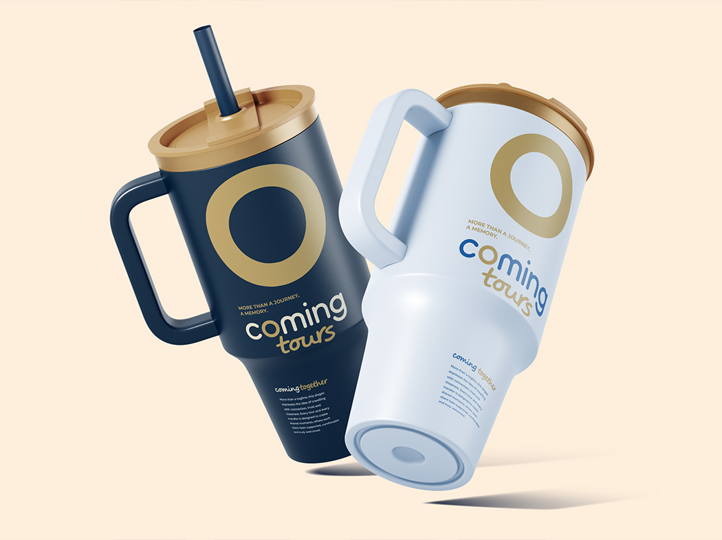 Custom Coming Tours reusable travel tumbler in blue and white