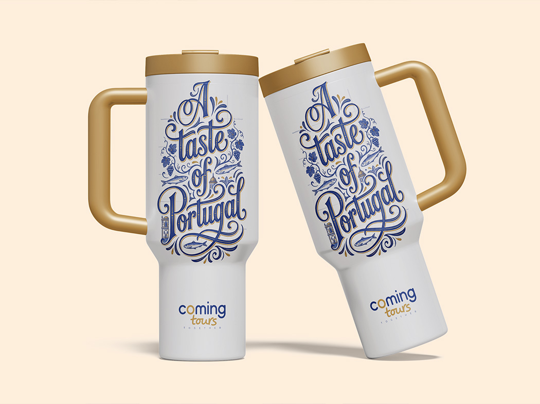 Premium white Coming Tours travel tumbler with gold lid and A Taste of Portugal artwork